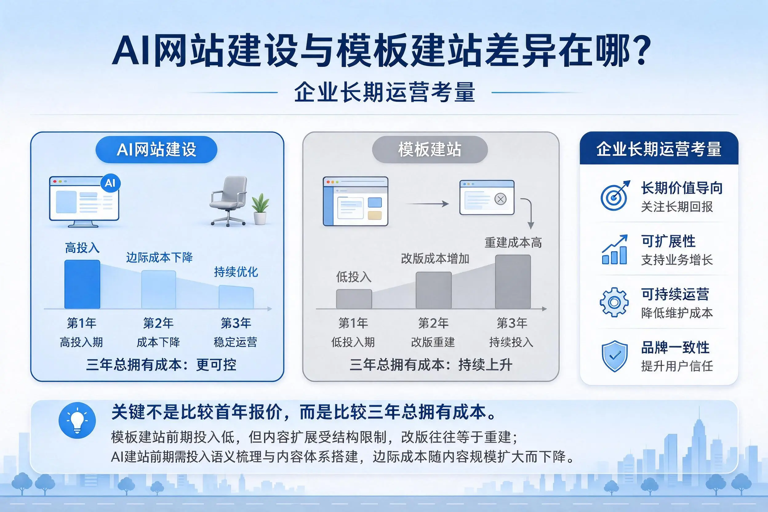 AI网站建设与模板建站差异在哪?淮南企业长期运营考量